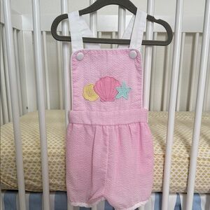 Toddler Pink Seersucker Shell Appliqué Overalls